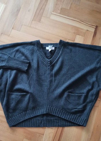 Gri V Yaka Örgü Kadın Kazak - Görsel 4