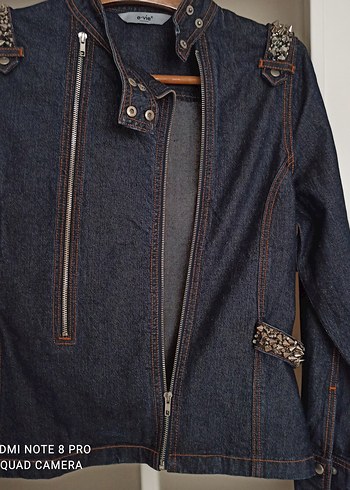 Nakışlı Lacivert Biker Kot Ceket - Görsel 7