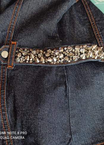 Nakışlı Lacivert Biker Kot Ceket - Görsel 5