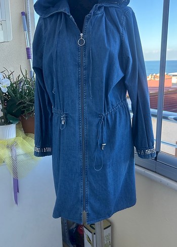 l Beden Kadın Lacivert Uzun Denim Ceket Kapüşonlu