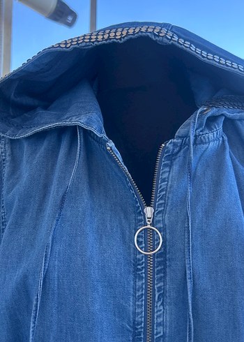 l Beden lacivert Renk Kadın Lacivert Uzun Denim Ceket Kapüşonlu
