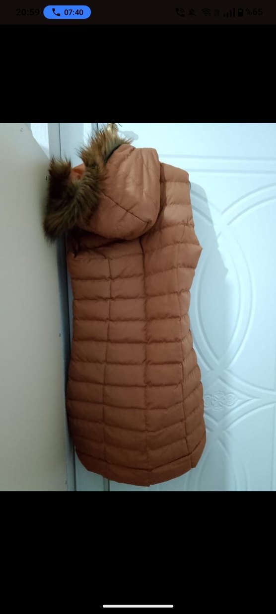 Kahverengi Uzun Kürklü Kadın şişme Yelek - Görsel 2