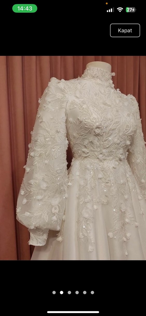 Uzun Kollu Yüksek Yakalı Beyaz A Kesim Gelinlik - Görsel 3