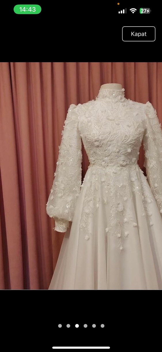 Uzun Kollu Yüksek Yakalı Beyaz A Kesim Gelinlik - Görsel 2