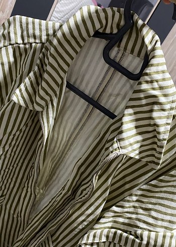 Bej Çizgili Keten Düğmeli Kadın Gömlek - Görsel 4