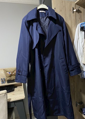 Kadın Lacivert Uzun Trençkot Kemerli - Görsel 2