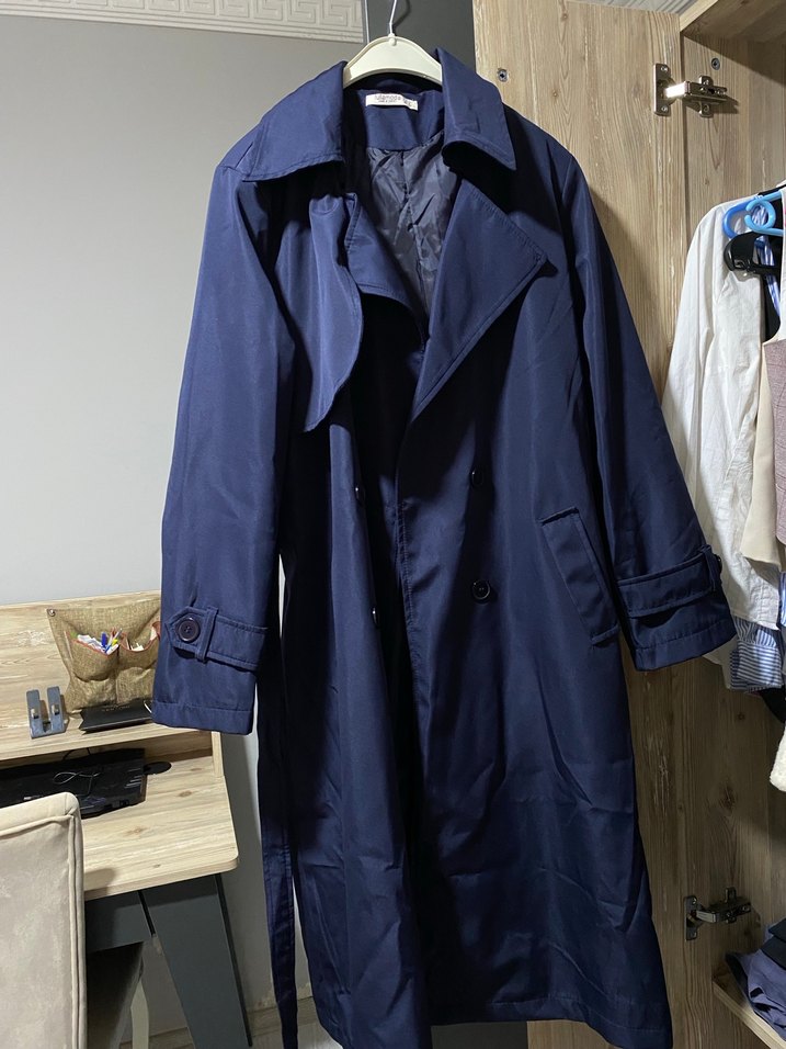 Kadın Lacivert Uzun Trençkot Kemerli - Görsel 2