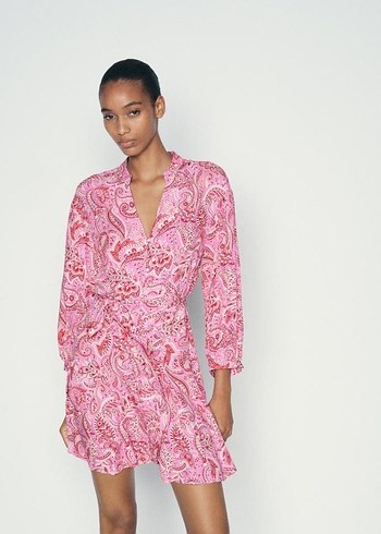 Zara Pembe V Yaka Uzun Kollu Mini Bohem Elbise