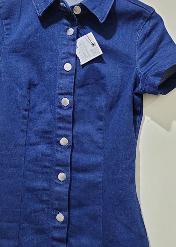 xs Beden lacivert Renk Düğmeli Kısa Kollu Lacivert Denim Elbise