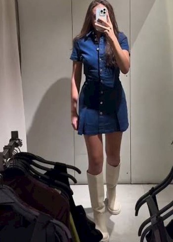 Zara Düğmeli Kısa Kollu Lacivert Denim Elbise