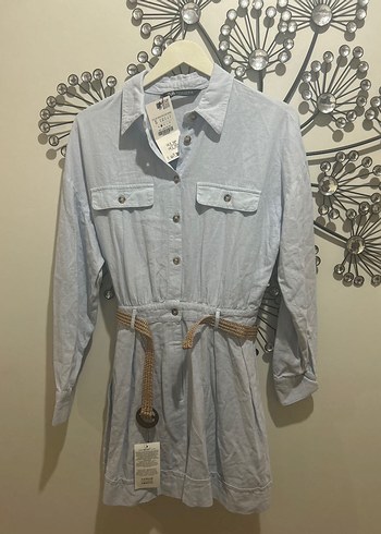 Beli Kemerli Mavi keten Mini Tulum - Görsel 7