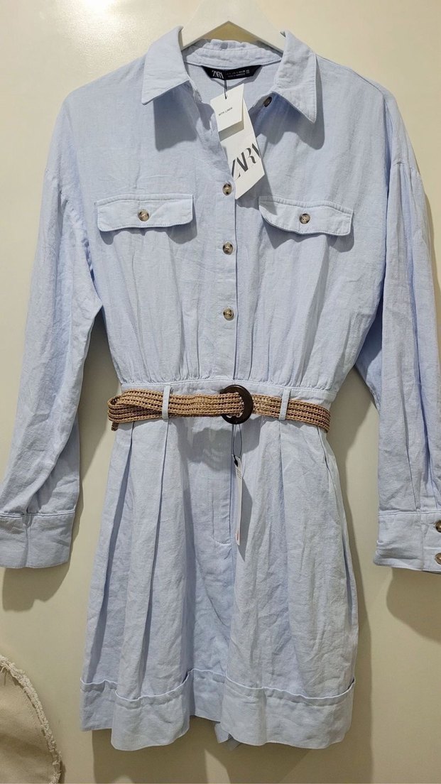 Beli Kemerli Mavi keten Mini Tulum - Görsel 5