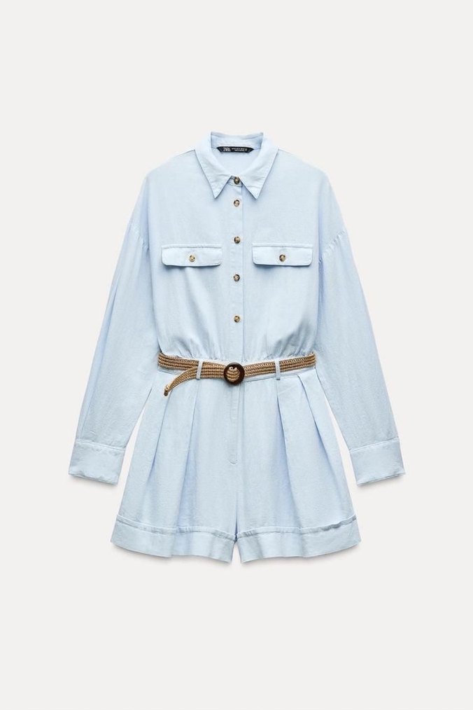 Beli Kemerli Mavi keten Mini Tulum - Görsel 2