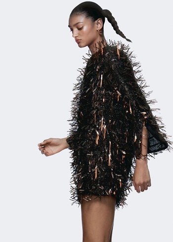 Parlak Siyah Payetli V Yakalı Uzun Kollu Elbise - Görsel 3