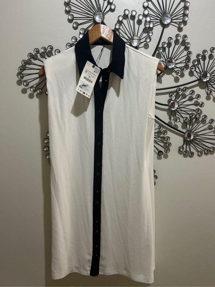 Siyah Yakalı Beyaz Mini Elbise - Görsel 5