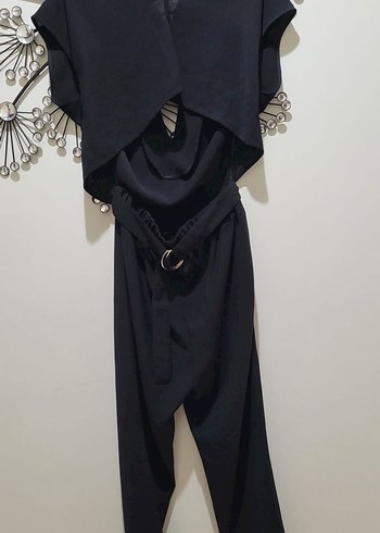 Kadın Siyah Kemerli V Yakalı Tulum - Görsel 5