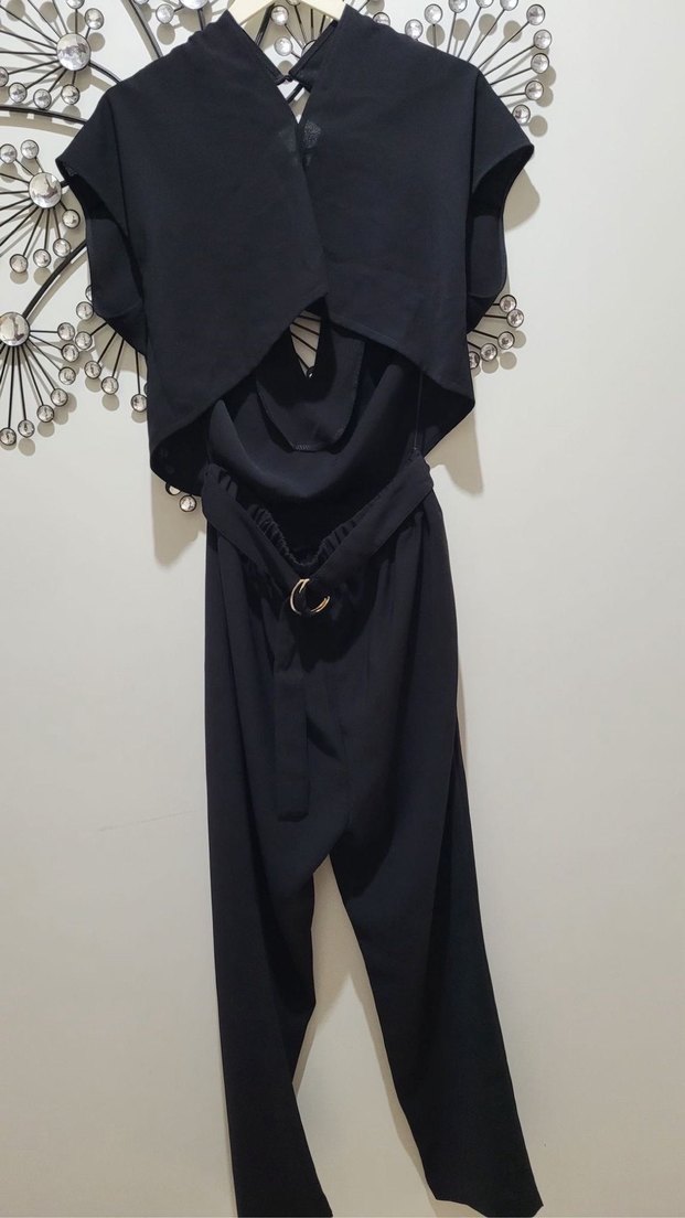 Kadın Siyah Kemerli V Yakalı Tulum - Görsel 5