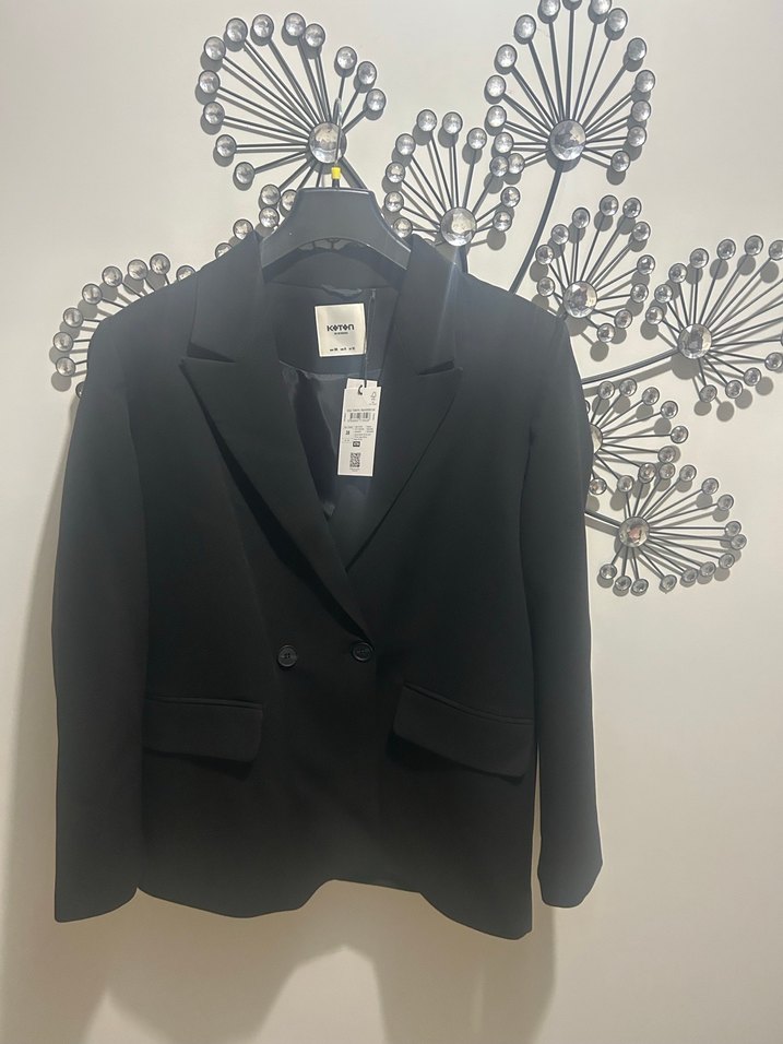 Cep Detaylı Kruvaze Yaka Oversize Siyah Blazer Ceket - Görsel 4