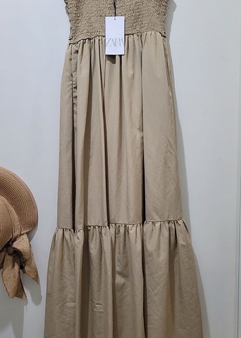 xs Beden camel Renk Bej Bohem Straplez Uzun Elbise