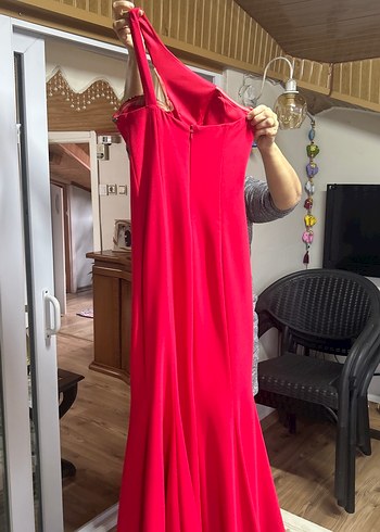 Kırmızı Drapeli Uzun Abiye Elbise - Görsel 3