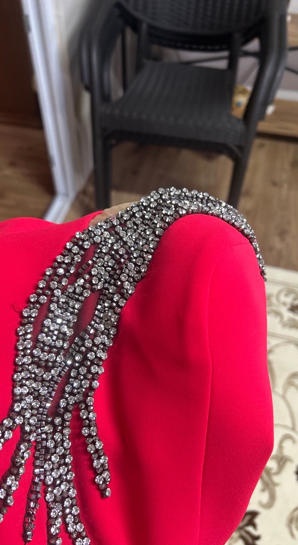 Kırmızı Drapeli Uzun Abiye Elbise - Görsel 4