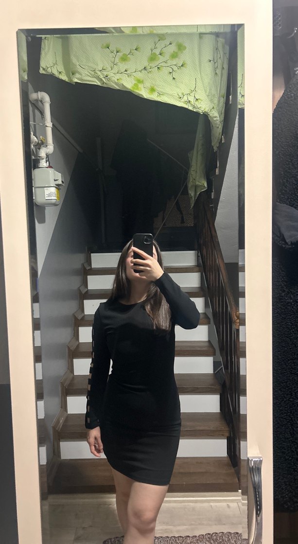 Siyah Yüksek Yakalı Uzun Kollu Midi Elbise - Görsel 4