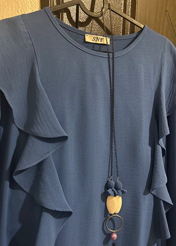 Mavi Uzun Kollu Fırfırlı Kadın Tunik - Görsel 3