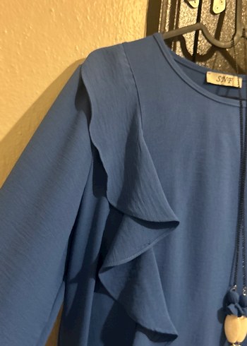 Mavi Uzun Kollu Fırfırlı Kadın Tunik - Görsel 2