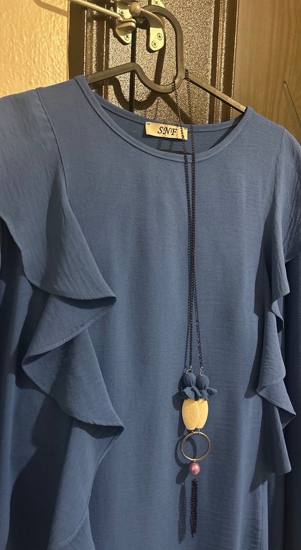 Mavi Uzun Kollu Fırfırlı Kadın Tunik - Görsel 3