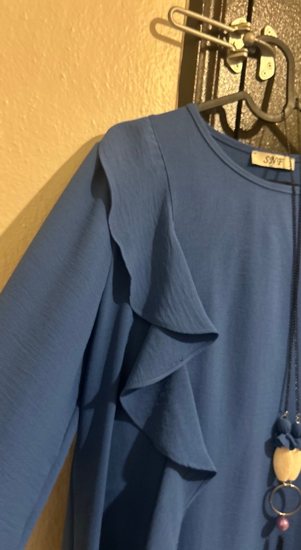 Mavi Uzun Kollu Fırfırlı Kadın Tunik - Görsel 2