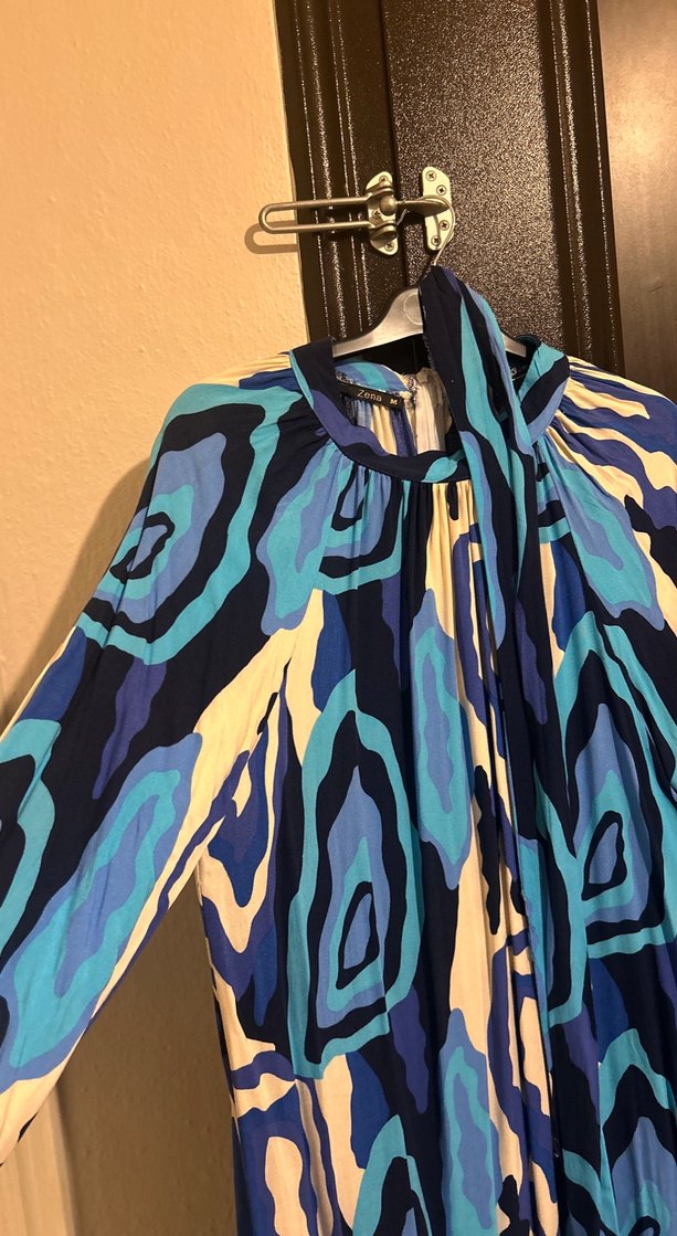 Mavi Bağlamalı Uzun Bohem Elbise - Görsel 3