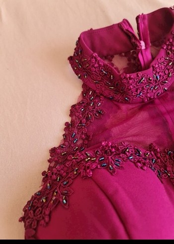 36 Beden mor Renk Diger Bordo Dantelli Uzun Abiye Elbise