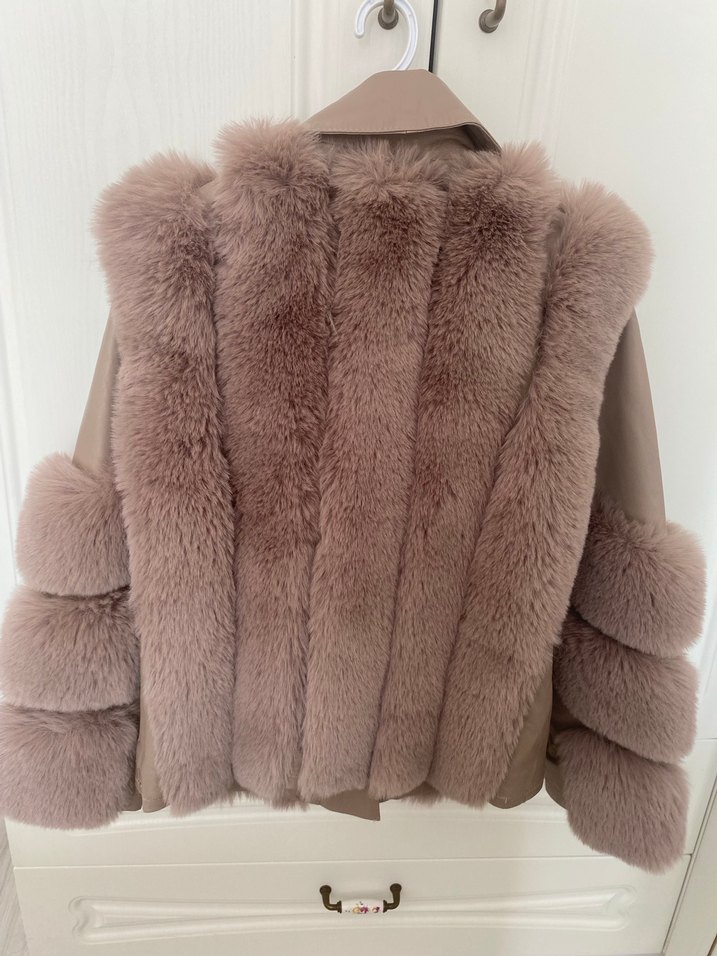 Bej Kürk Detaylı Deri Kadın Mont - Görsel 4