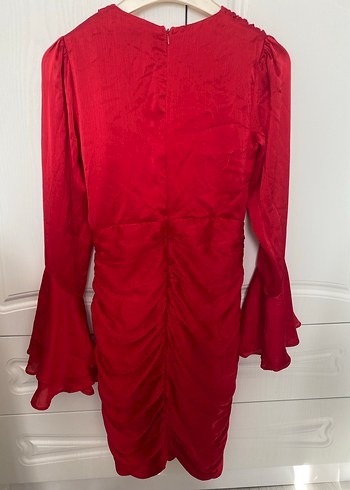 Kırmızı Drapeli V Yakalı Uzun Kollu Abiye Elbise - Görsel 5