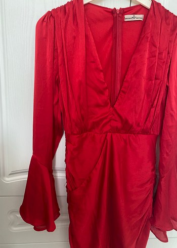 Kırmızı Drapeli V Yakalı Uzun Kollu Abiye Elbise - Görsel 3