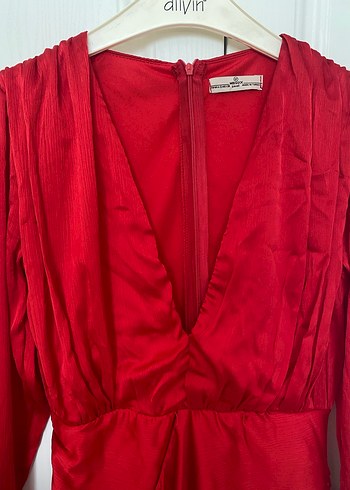 Kırmızı Drapeli V Yakalı Uzun Kollu Abiye Elbise - Görsel 2