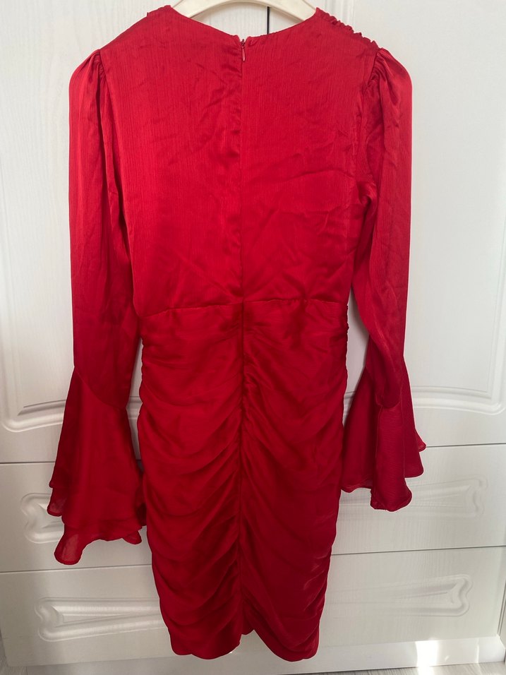 Kırmızı Drapeli V Yakalı Uzun Kollu Abiye Elbise - Görsel 5