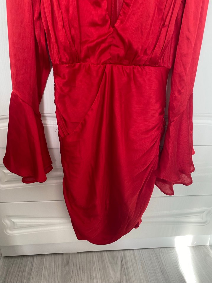 Kırmızı Drapeli V Yakalı Uzun Kollu Abiye Elbise - Görsel 4