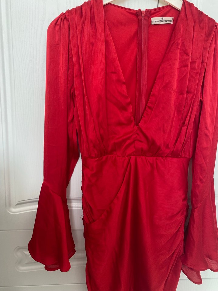 Kırmızı Drapeli V Yakalı Uzun Kollu Abiye Elbise - Görsel 3