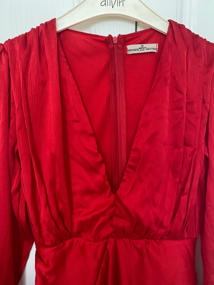 Kırmızı Drapeli V Yakalı Uzun Kollu Abiye Elbise - Görsel 2