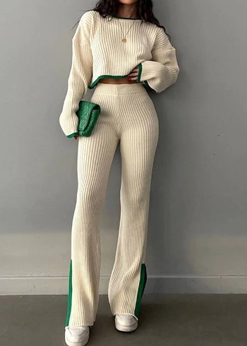 Beyaz Yeşil Kenarlı Triko Kadın Eşofman Takımı - Görsel 2