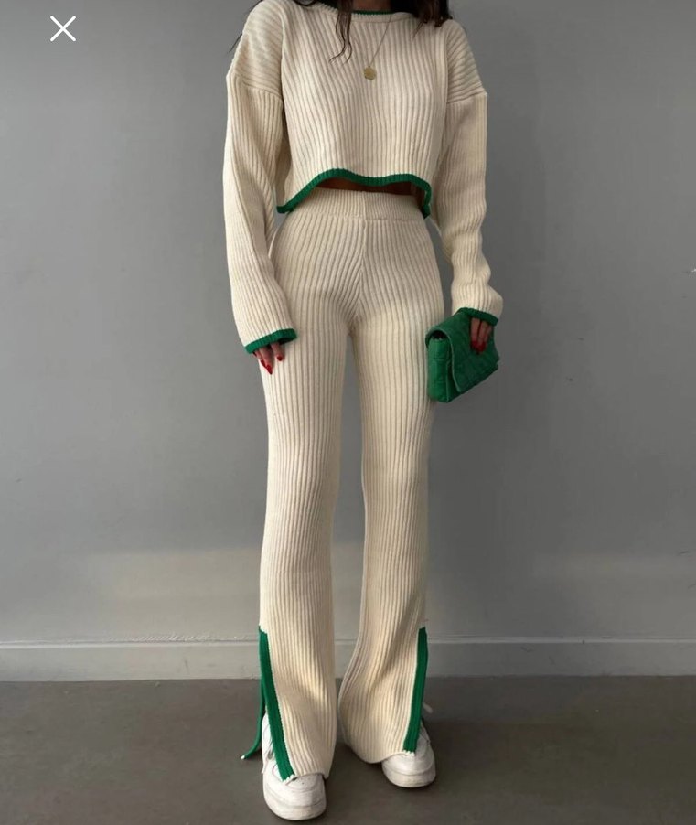 Beyaz Yeşil Kenarlı Triko Kadın Eşofman Takımı - Görsel 3