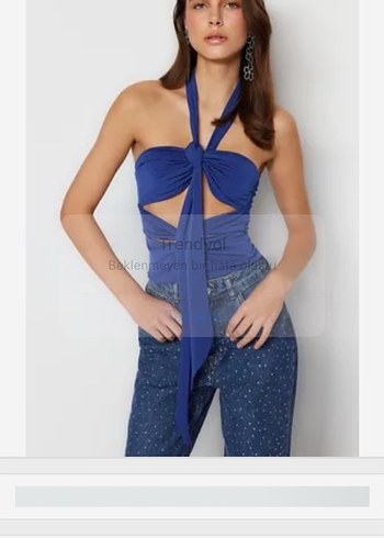 Mavi Halter Yaka Drapeli Mini Denim Bluz