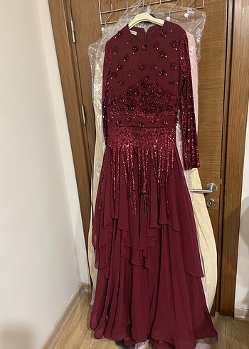 Bordo Payet İşlemeli Uzun Abiye Elbise - Görsel 3