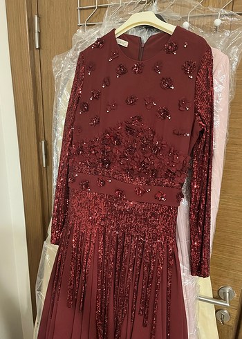 Bordo Payet İşlemeli Uzun Abiye Elbise - Görsel 2