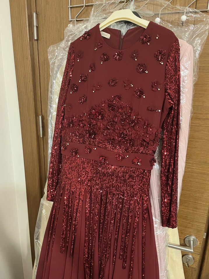 Bordo Payet İşlemeli Uzun Abiye Elbise - Görsel 2