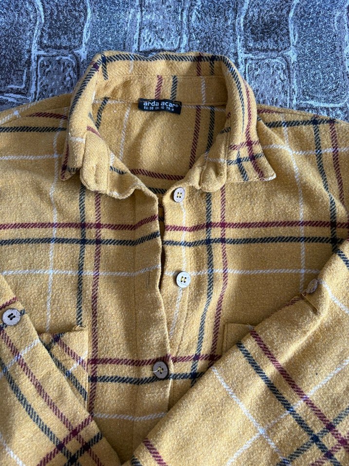 Sarı Ekose Düğmeli Kadın Gömlek - Görsel 3