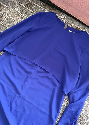 Uzun Kollu Mavi Saten Elbise - Görsel 7