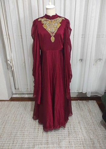 Bordo Uzun Kollu Nakışlı taşlı Kadın kına elbisesi - Görsel 2