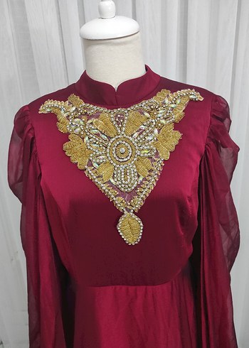 Bordo Uzun Kollu Nakışlı taşlı Kadın kına elbisesi - Görsel 3